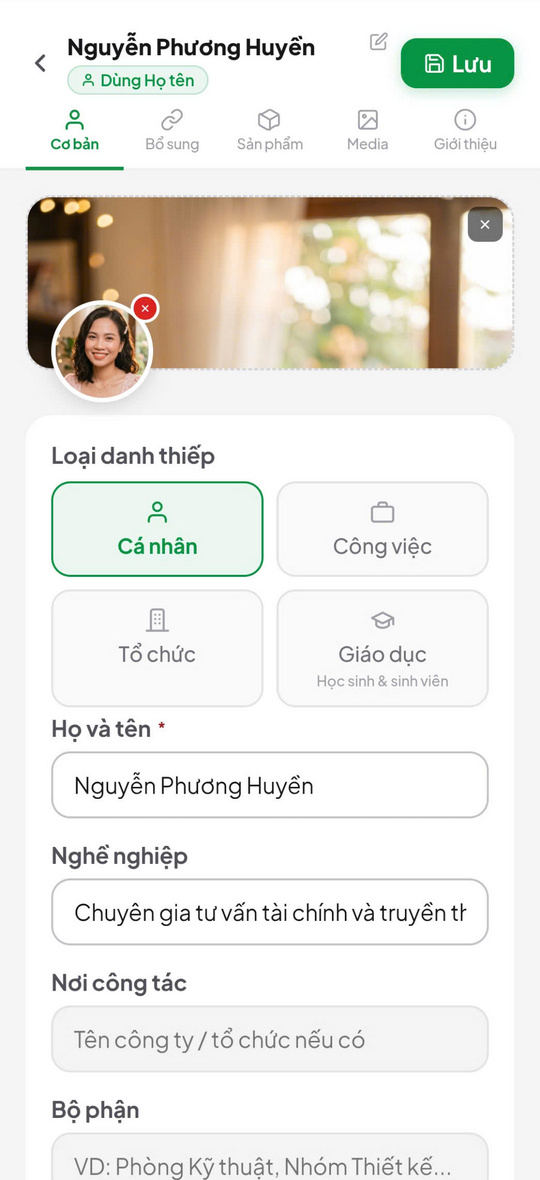 Màn hình cập nhật thông tin hồ sơ số MCP Connect
